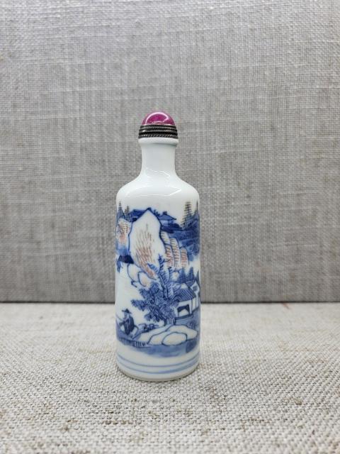 中国骨董 清中期 青花釉裏紅 人物 鼻煙壺 翡翠蓋 骨杓