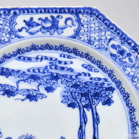 古玩陶瓷清雍正青花花卉紋八方盤拍賣，當前價格1588元