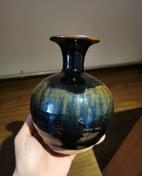 古玩陶瓷明代?窯變黑釉撇口瓶拍賣，當前價格999元