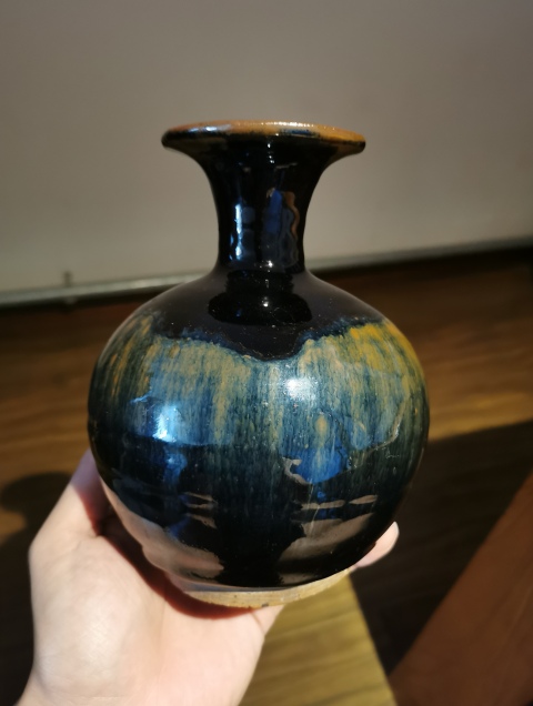 古玩陶瓷明代?窯變黑釉撇口瓶拍賣，當前價格999元