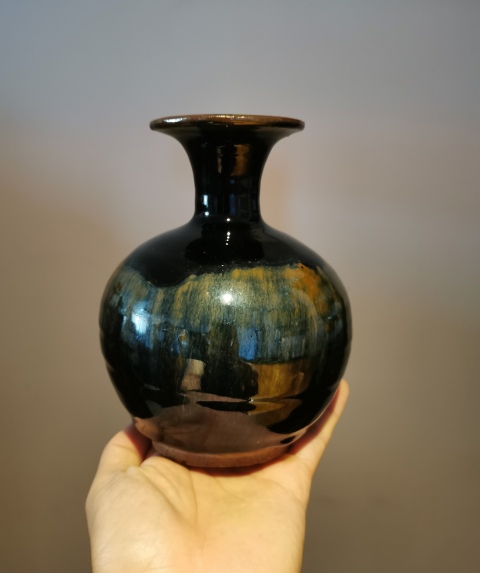 古玩陶瓷明代?窯變黑釉撇口瓶拍賣，當前價格999元