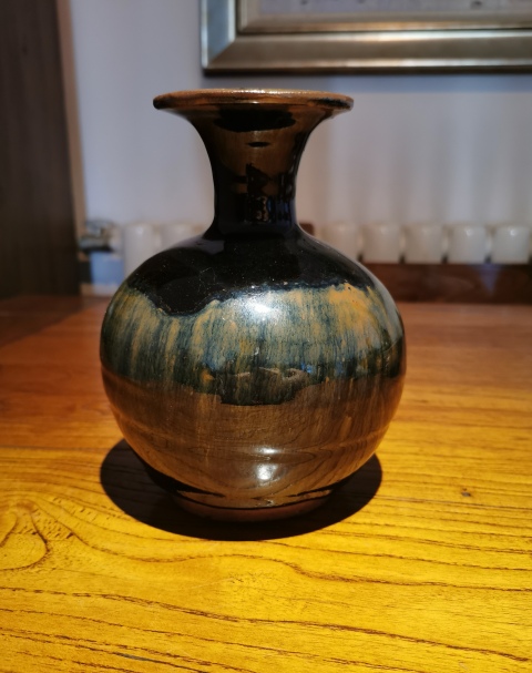 古玩陶瓷明代?窯變黑釉撇口瓶拍賣，當前價格999元