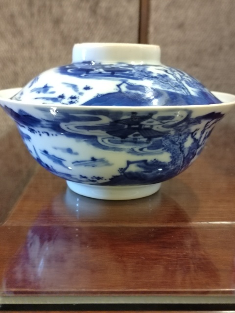 古玩陶瓷晚清寶珠利記款漁樵耕讀紋青花蓋碗拍賣,當前價格3888元