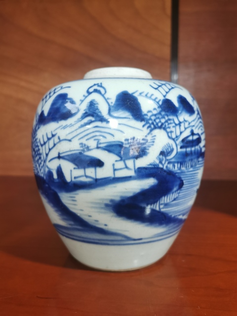 古玩陶瓷青花山水樓閣小罐拍賣，當前價格3500元