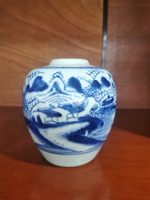 古玩陶瓷青花山水樓閣小罐拍賣，當前價格3500元