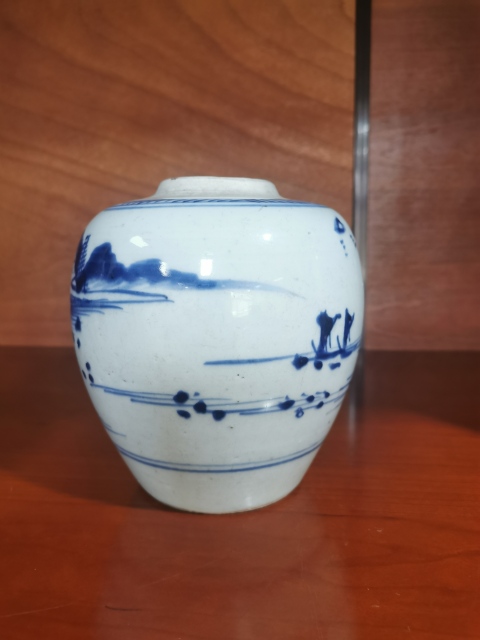 古玩陶瓷青花山水樓閣小罐拍賣，當前價格3500元