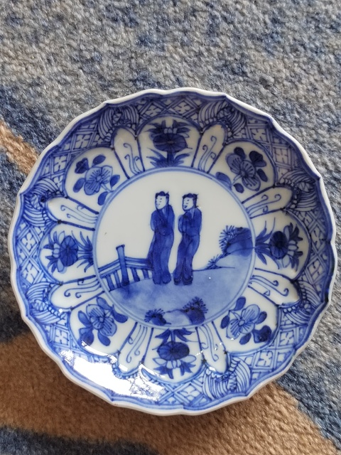 古玩陶瓷清康熙仕女花卉紋開窗青花盤拍賣,當前價格950元