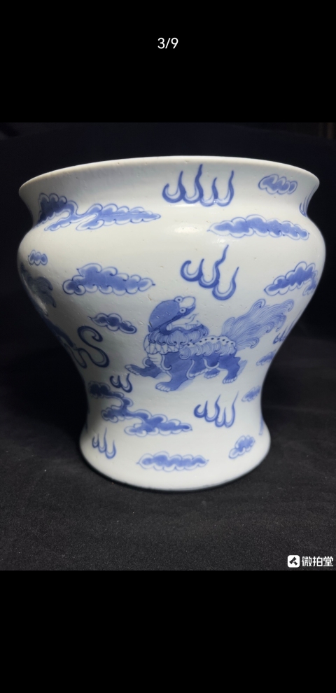 古玩陶瓷青花獅子滾繡球紋馬蹄尊拍賣,當前價格6600元