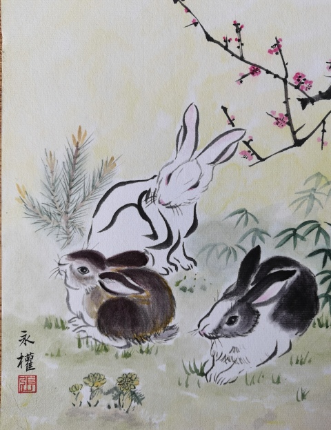 古玩字畫故宮博物院彩繪畫家專攻十二生肖繪畫大師張永權生肖兔拍賣,當前價格499元