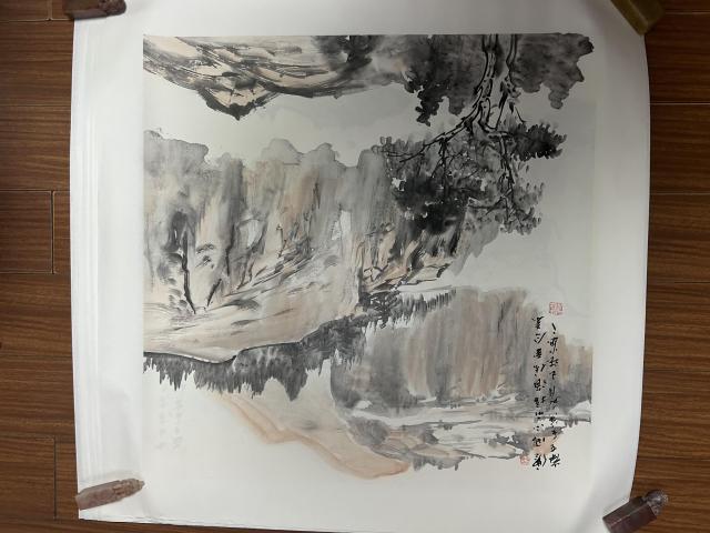 古玩字畫朱玉斌精品斗方山水拍賣，當(dāng)前價(jià)格455元