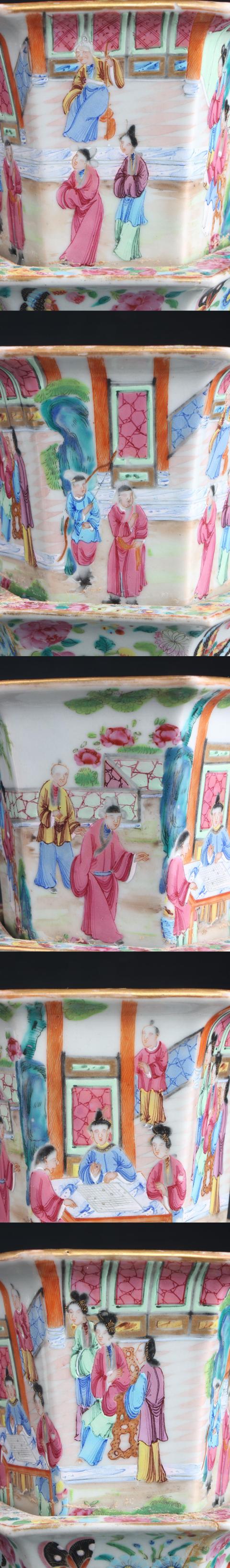 古玩陶瓷【7845】清嘉慶~道光  廣彩通景庭院人物故事圖六邊花盆拍賣，當前價格4880元