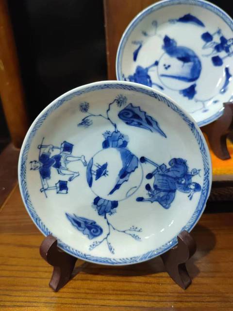 古玩陶瓷清康熙進京趕考青花盤一對拍賣，當前價格3008元