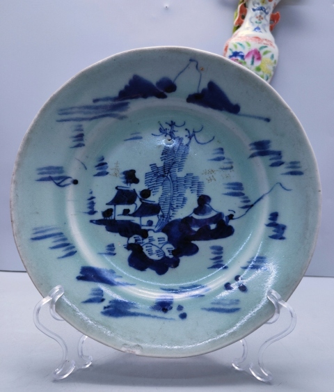 古玩陶瓷豆青釉青花山水紋盤拍賣,當前價格1698元