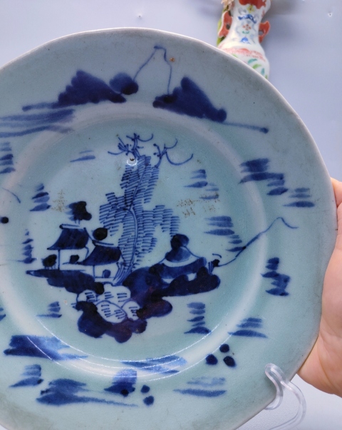 古玩陶瓷豆青釉青花山水紋盤拍賣,當前價格1698元
