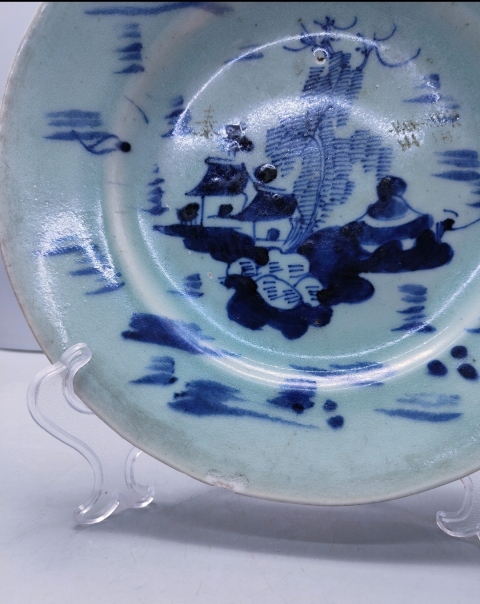 古玩陶瓷豆青釉青花山水紋盤拍賣,當前價格1698元