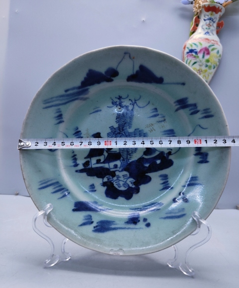 古玩陶瓷豆青釉青花山水紋盤拍賣,當前價格1698元