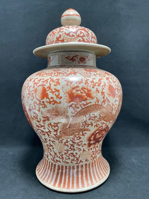 古玩陶瓷哥釉礬紅描金雙龍穿花將軍罐拍賣，當(dāng)前價格8000元