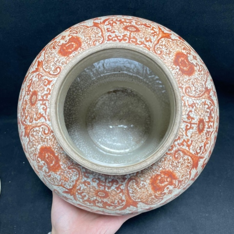 古玩陶瓷哥釉礬紅描金雙龍穿花將軍罐拍賣，當(dāng)前價格8000元