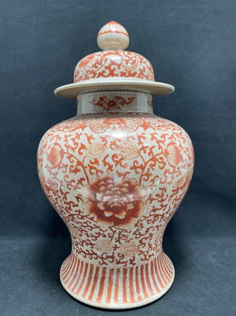 古玩陶瓷哥釉礬紅描金雙龍穿花將軍罐拍賣，當(dāng)前價格8000元