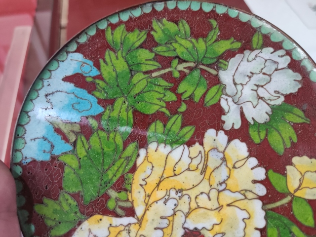 古玩雜項景泰藍(lán)掐絲琺瑯花卉盤一對拍賣，當(dāng)前價格498元