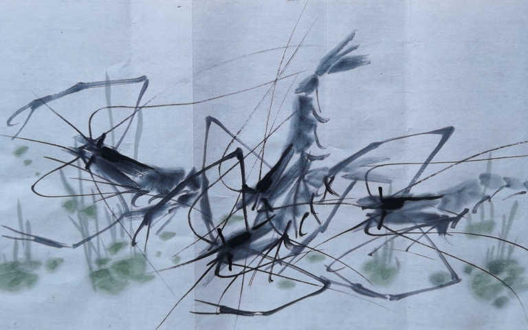 古玩字畫王雪濤大師弟子國賓軍旅畫家師白卉寫意蝦戲圖拍賣，當前價格899元