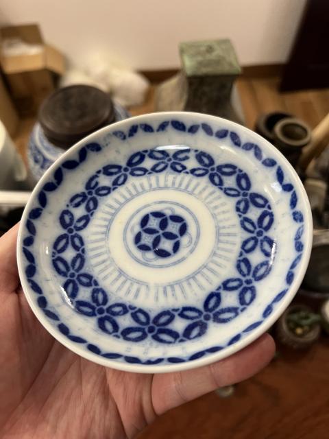 古玩陶瓷清代銅錢紋青花盤拍賣,當前價格199元