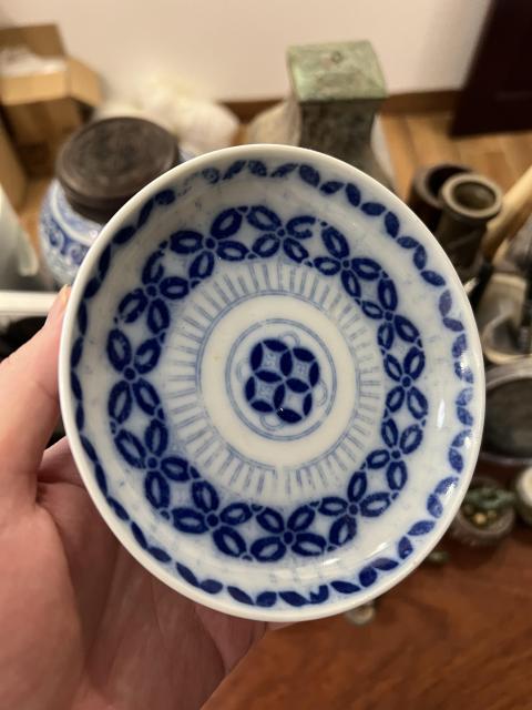古玩陶瓷清代銅錢紋青花盤拍賣,當前價格199元