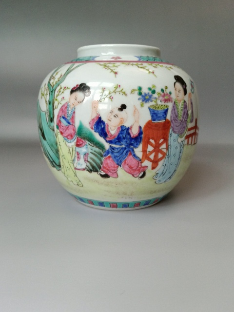 古玩陶瓷粉彩教子圖人物紋罐拍賣，當前價格798元