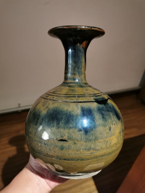 古玩陶瓷明代?窯變黑釉撇口瓶拍賣,當前價格1750元