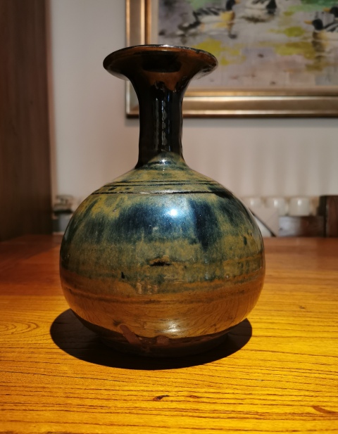 古玩陶瓷明代?窯變黑釉撇口瓶拍賣,當前價格1750元
