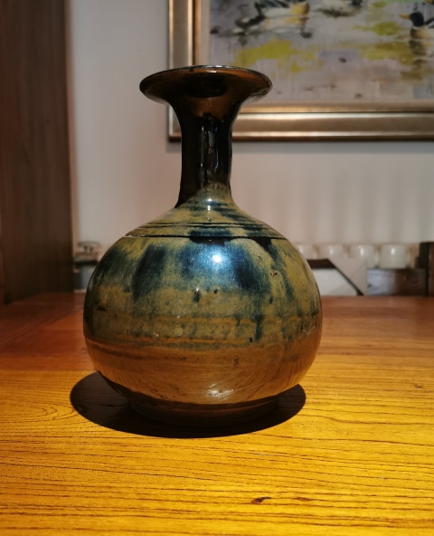 古玩陶瓷明代?窯變黑釉撇口瓶拍賣,當前價格1750元