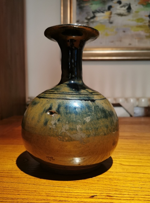 古玩陶瓷明代?窯變黑釉撇口瓶拍賣,當前價格1750元