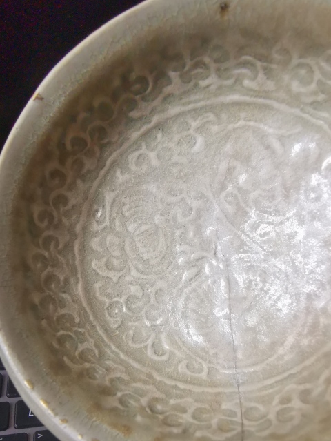 古玩陶瓷宋,耀州窯,青釉團菊紋折沿洗拍賣,當前價格2222元