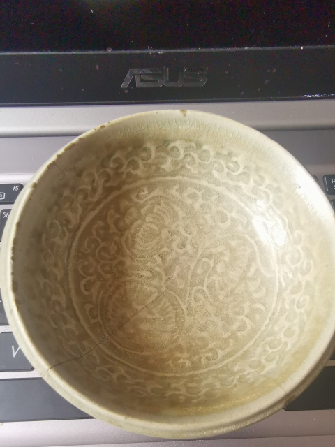 古玩陶瓷宋,耀州窯,青釉團菊紋折沿洗拍賣,當前價格2222元