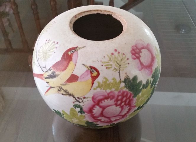 古玩陶瓷粉彩花鳥花卉紋西瓜罐拍賣，當前價格480元
