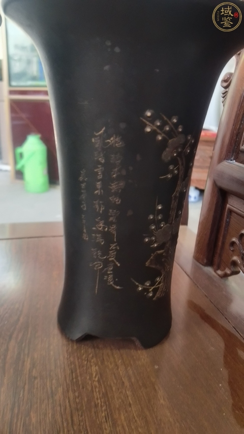 古玩陶瓷80.90年代紫砂刻畫梅花詩文花觚拍賣,當前價格600元