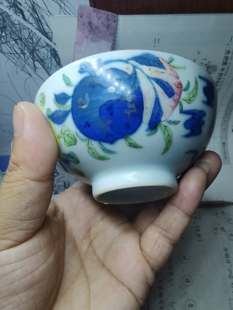 古玩陶瓷【道光精品】清道光細路青花粉彩描金三多紋杯拍賣,當前價格1388元