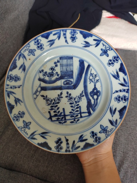 古玩陶瓷清康熙亭臺樓閣花卉紋青花盤拍賣，當前價格1588元
