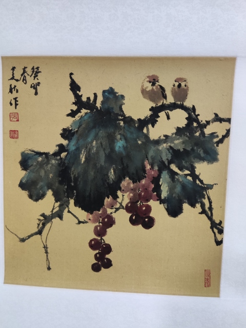 古玩字畫手工精裱河南名家張建秋 葡萄雙鳥拍賣，當前價格988元