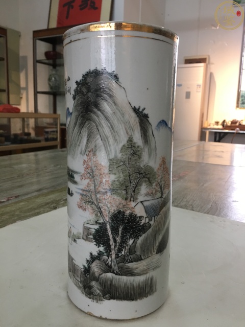 古玩陶瓷淺絳彩山水紋風景帽筒拍賣，當前價格4600元