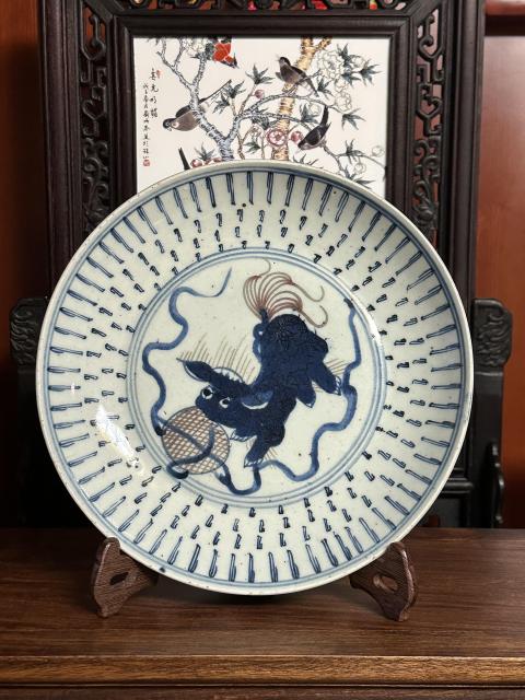 古玩陶瓷乾隆飄帶繡球獅子紋盤(pán)拍賣(mài),當(dāng)前價(jià)格6500元