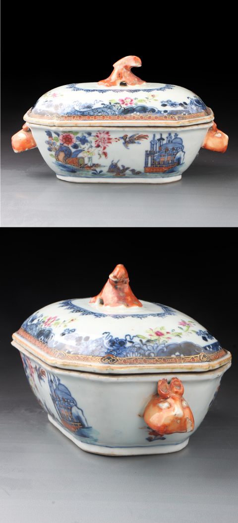 古玩陶瓷【8307】清乾隆  青花粉彩漁家樂西洋建筑圖獸耳蓋盆拍賣，當前價格6280元