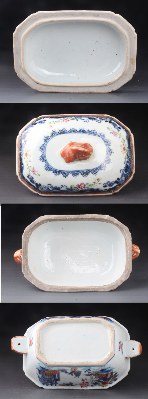 古玩陶瓷【8307】清乾隆  青花粉彩漁家樂西洋建筑圖獸耳蓋盆拍賣，當前價格6280元