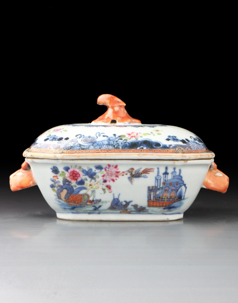 古玩陶瓷【8307】清乾隆  青花粉彩漁家樂西洋建筑圖獸耳蓋盆拍賣，當前價格6280元