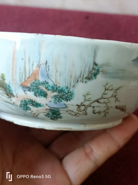 古玩陶瓷淺降彩山水紋八卦調色盤拍賣，當前價格1800元
