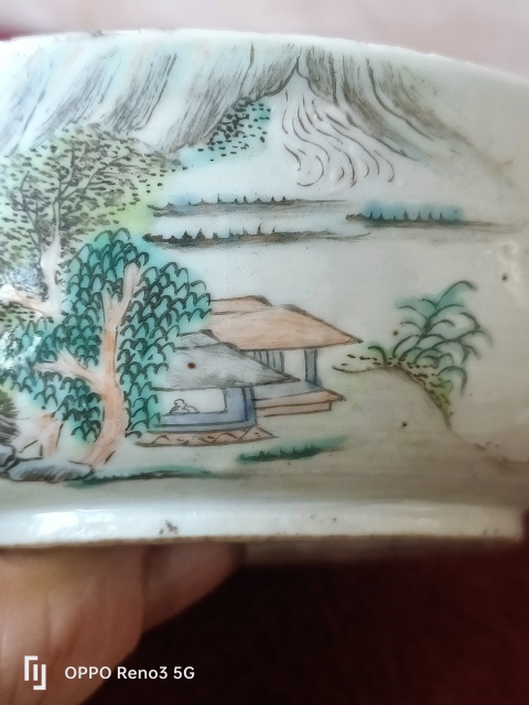 古玩陶瓷淺降彩山水紋八卦調色盤拍賣，當前價格1800元
