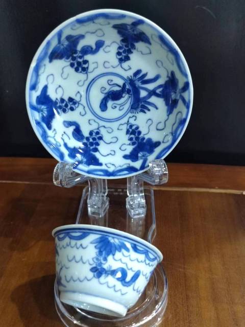 古玩陶瓷清康熙松鼠葡萄紋青花杯盤拍賣，當前價格2288元