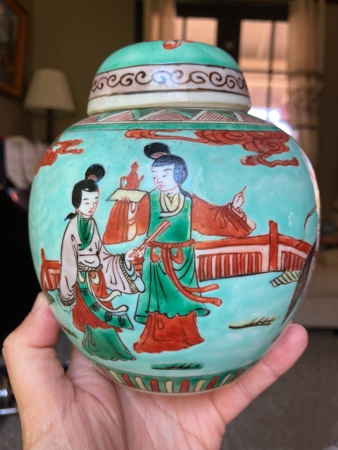 綠地五彩人物故事紋蓋罐拍賣，當前價格3666元
