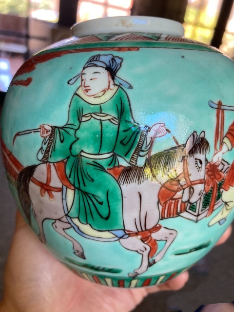 古玩陶瓷綠地五彩人物故事紋蓋罐拍賣,當前價格3666元