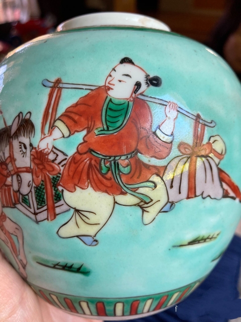 古玩陶瓷綠地五彩人物故事紋蓋罐拍賣,當前價格3666元